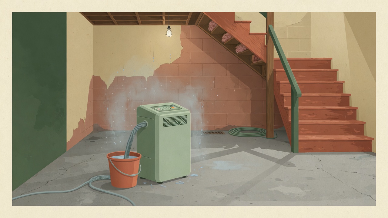 Editorial illustration of a generic unbranded dehumidifier in a residential basement