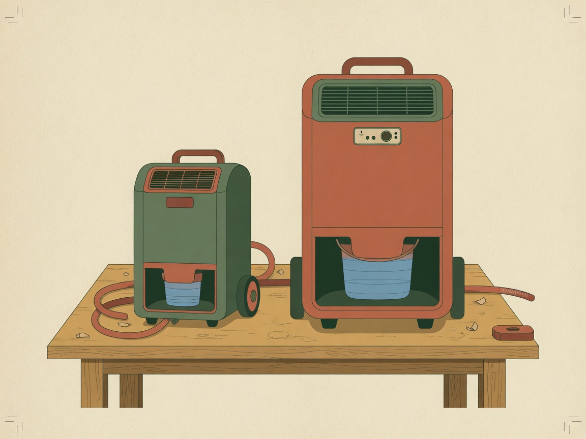 Editorial illustration of two generic dehumidifiers of different sizes