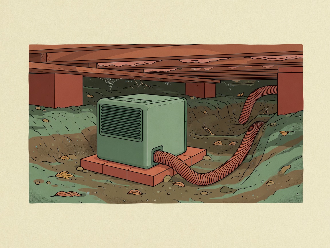 Editorial illustration of a compact dehumidifier in a crawl space